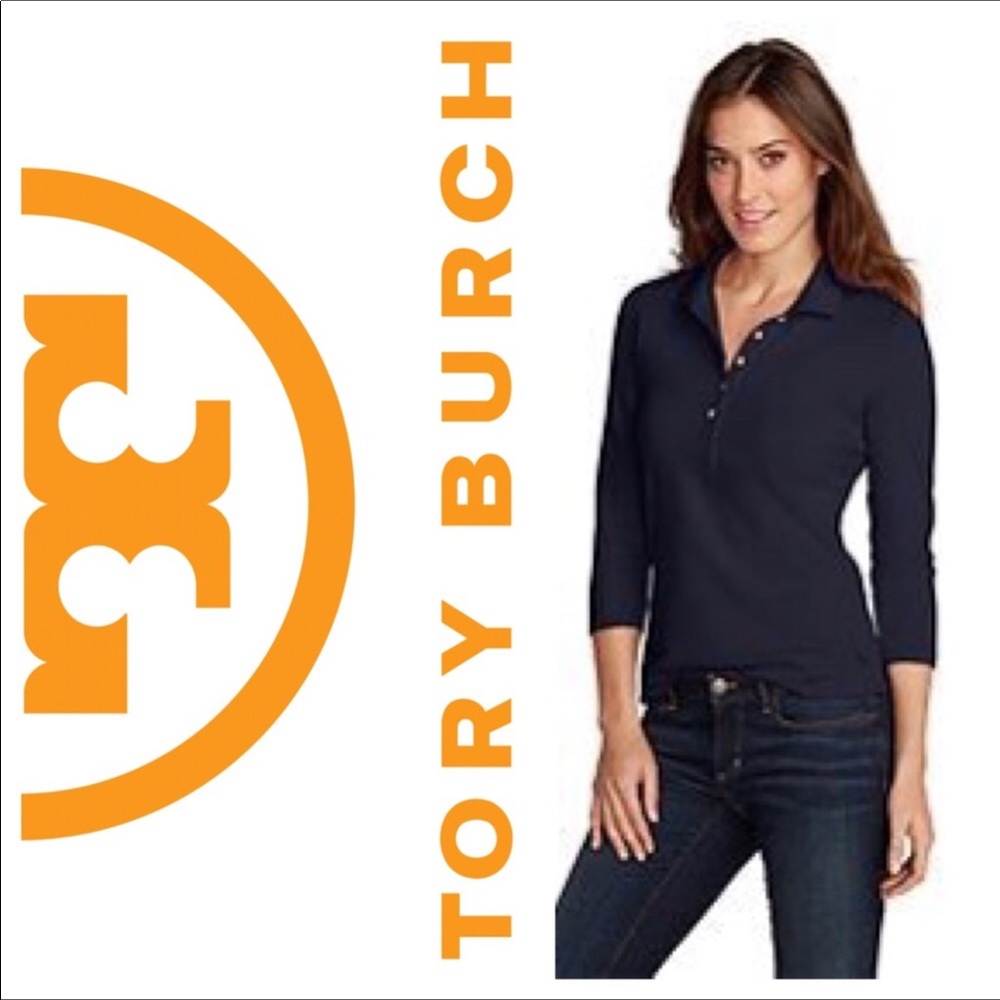 Tory Burch Logo Button 3/4 sleeve Navy Polo -S